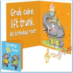 3D Pop Up Animated Musical Elephant Birthday Card, w/ HBD Song, 5.9”x7.9”, NEW